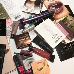 High-end & drug-store makeup samples plus bag.